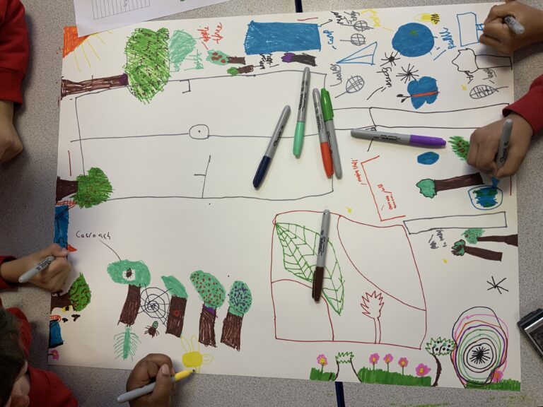 Children working on a map of a landscape with trees